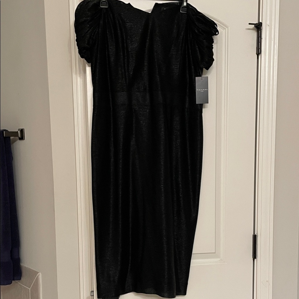 Tahari ASL Metallic Off the Shoulder Black Dress - Picture 2 of 6
